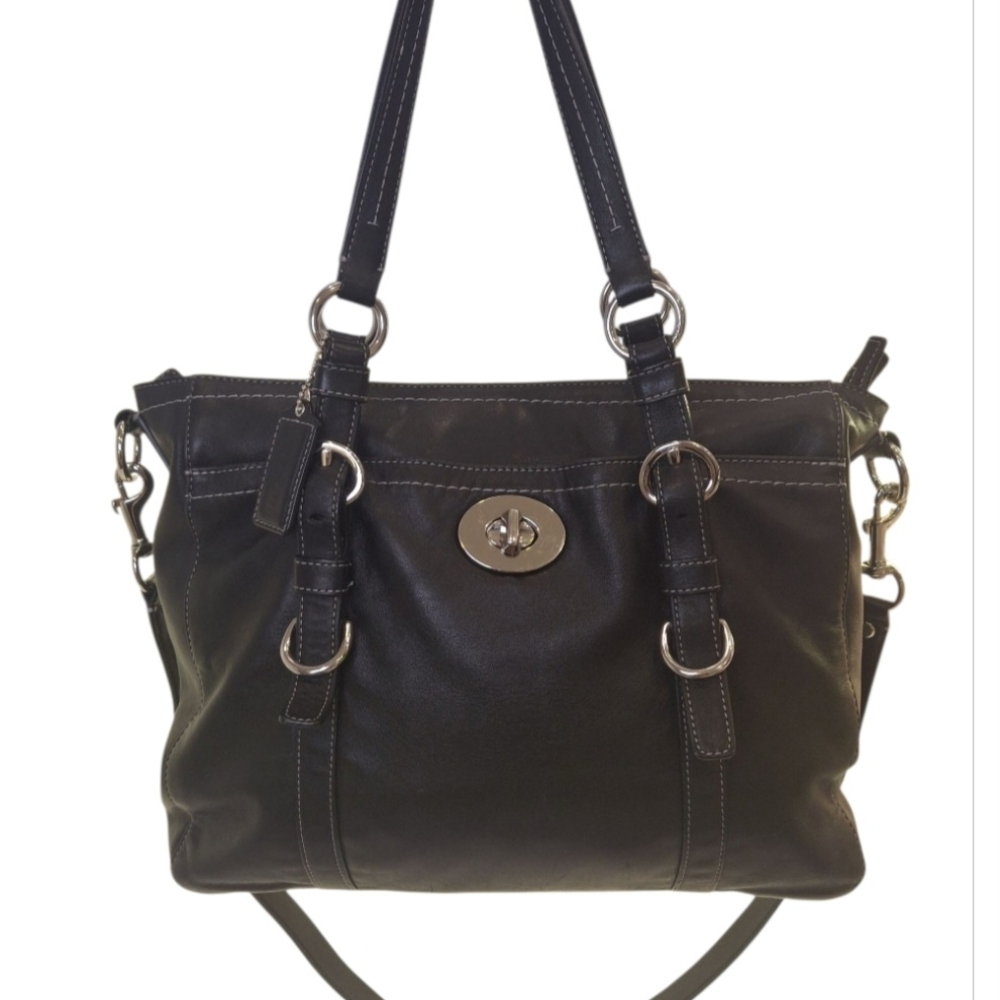 Coach Black Leather Shoulder Bag with Silver Accents